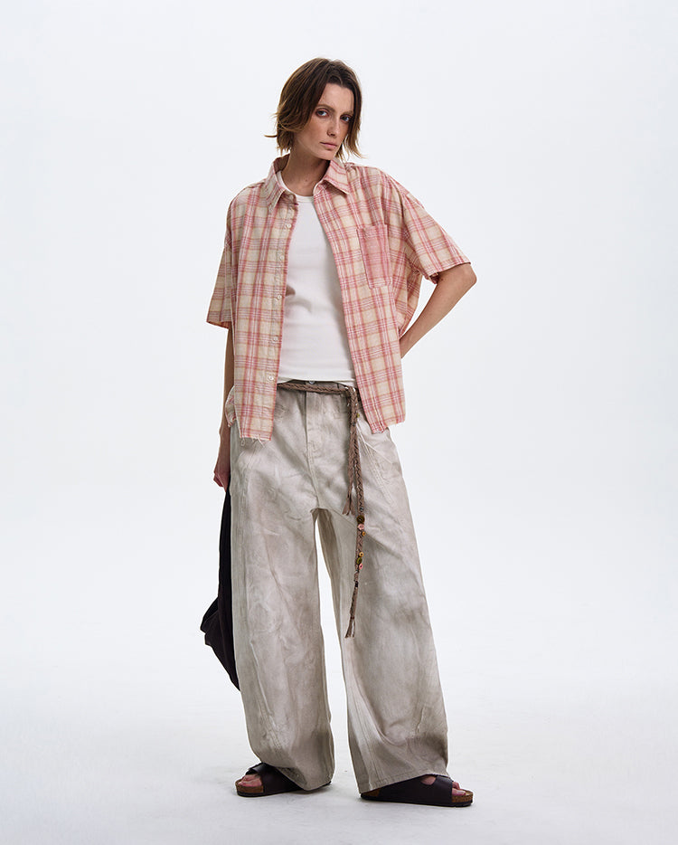 Textured Plaid Short Sleeved Shirt