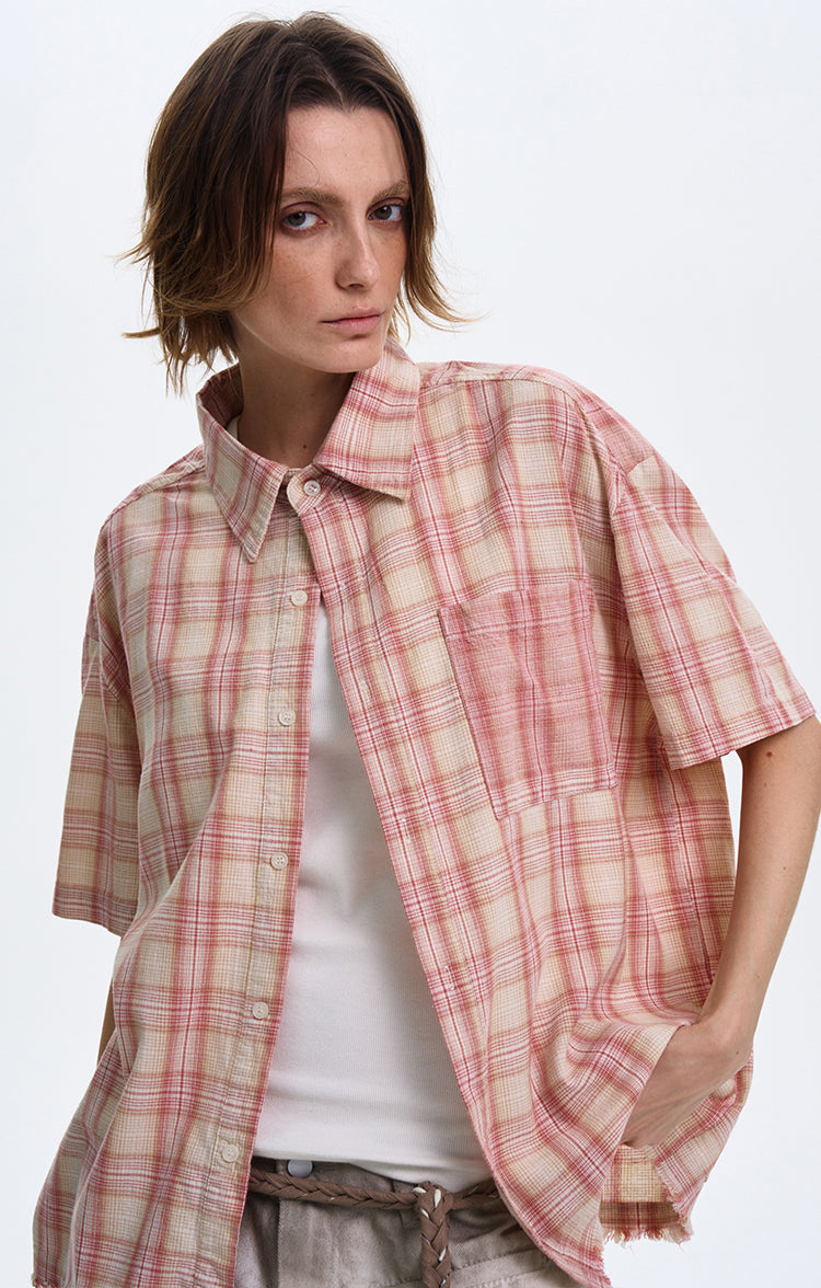 Textured Plaid Short Sleeved Shirt
