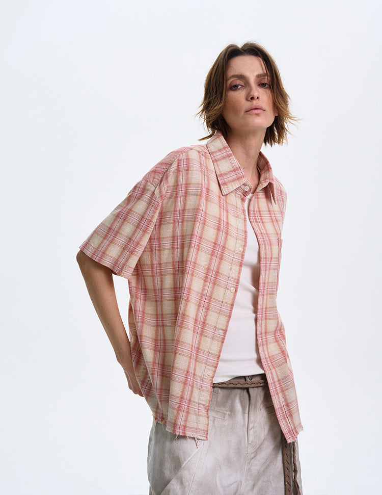 Textured Plaid Short Sleeved Shirt