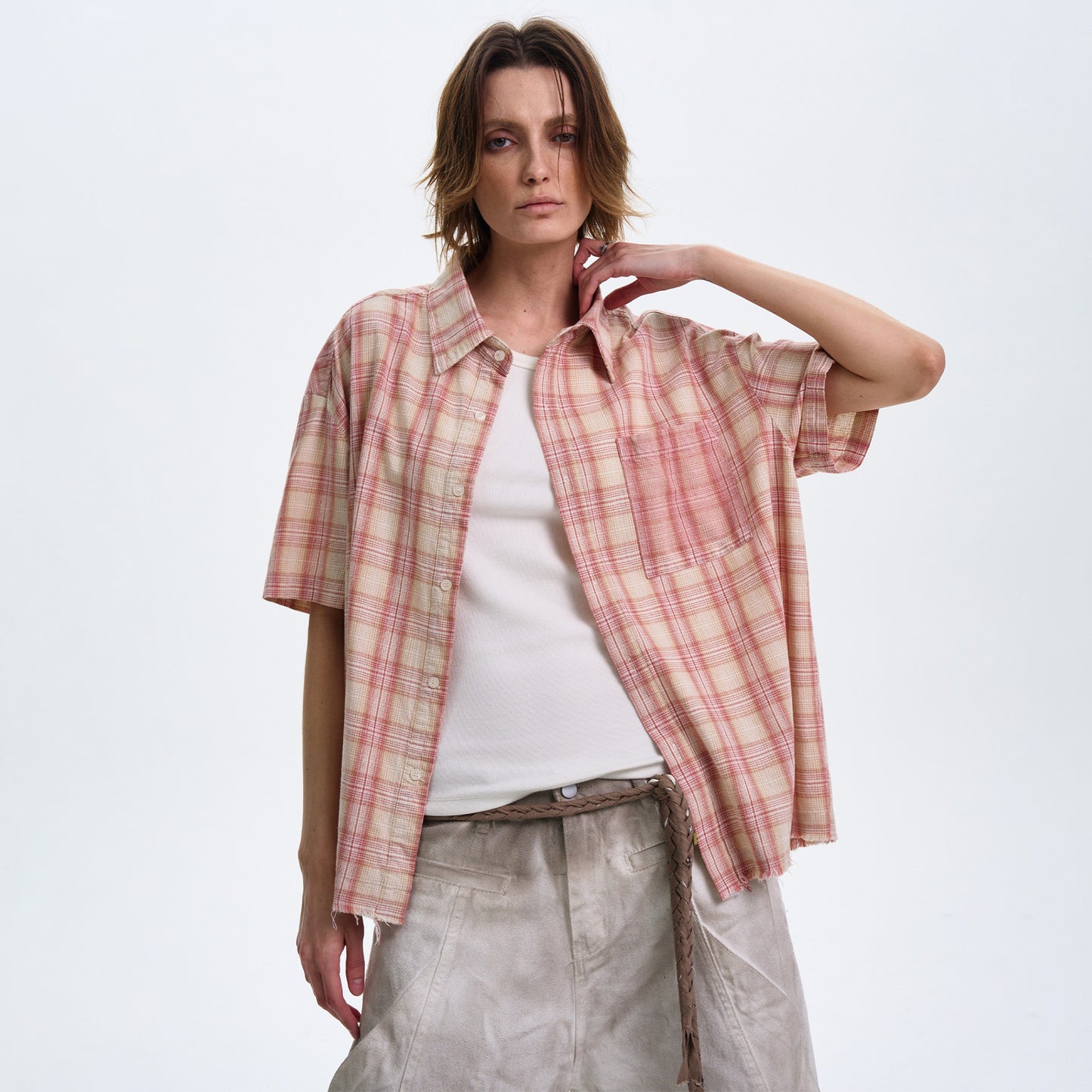 Textured Plaid Short Sleeved Shirt