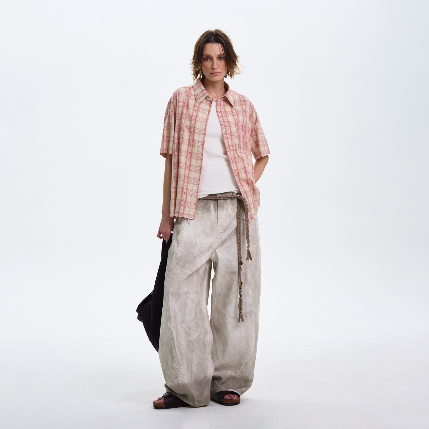 Textured Plaid Short Sleeved Shirt