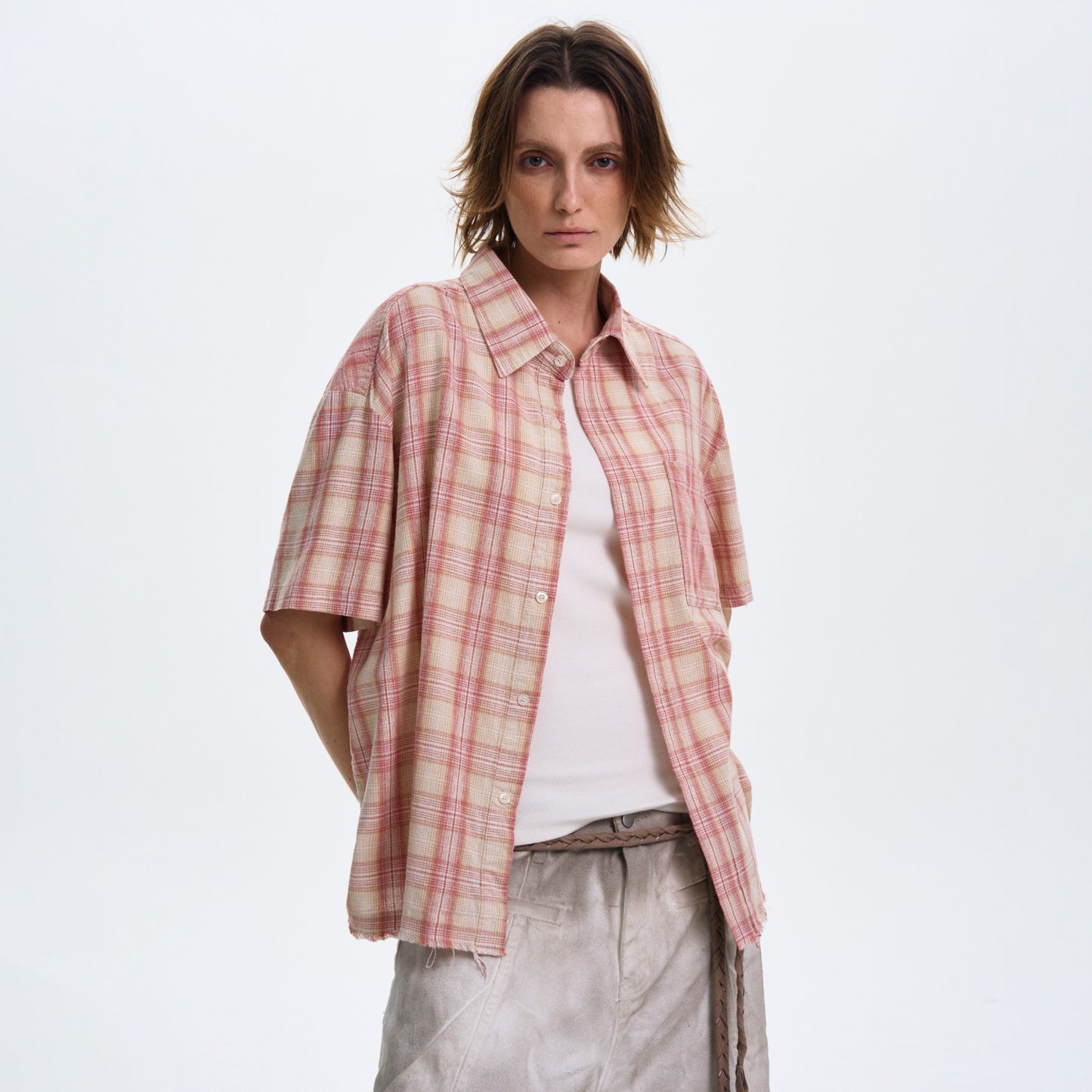 Textured Plaid Short Sleeved Shirt