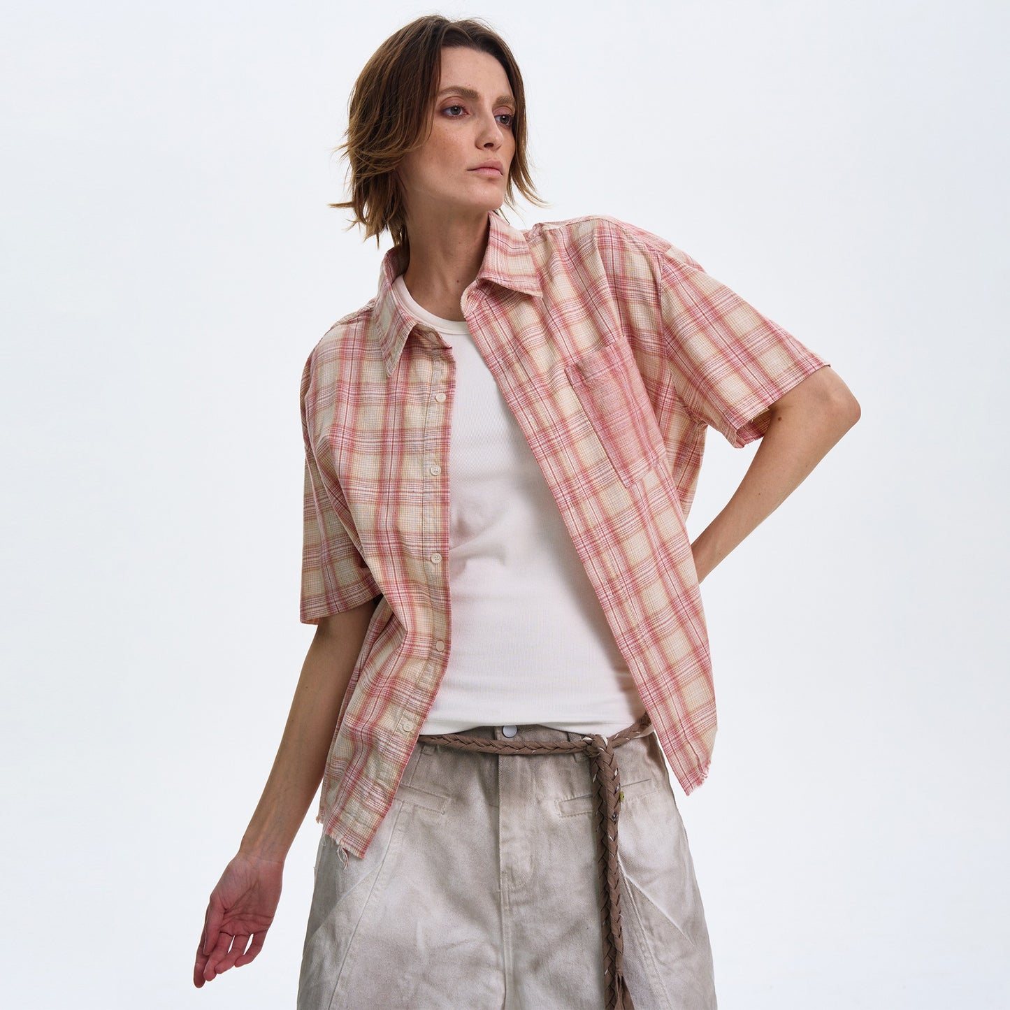 Textured Plaid Short Sleeved Shirt