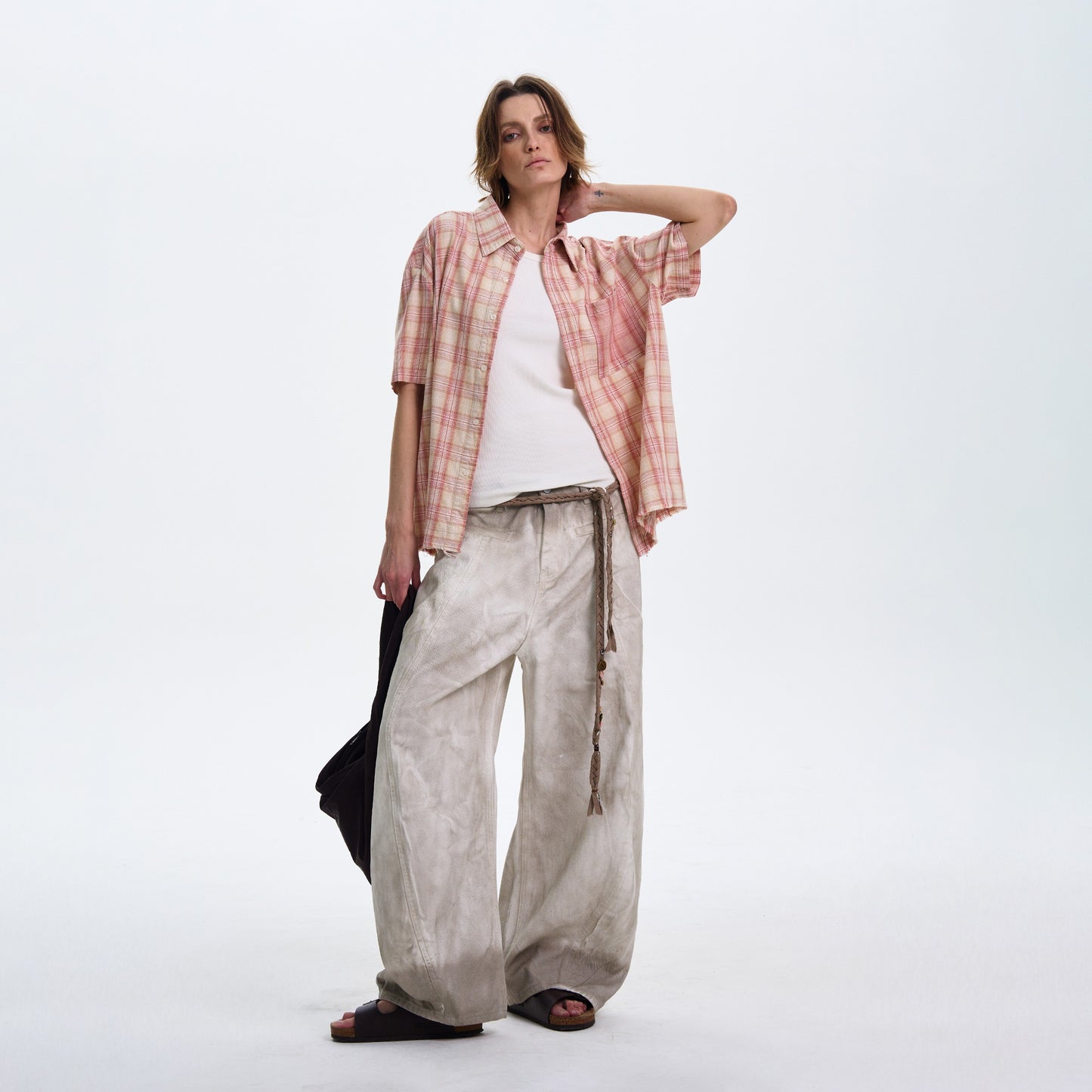 Textured Plaid Short Sleeved Shirt