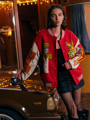 Embroidery Patchwork Leather Varsity Jacket