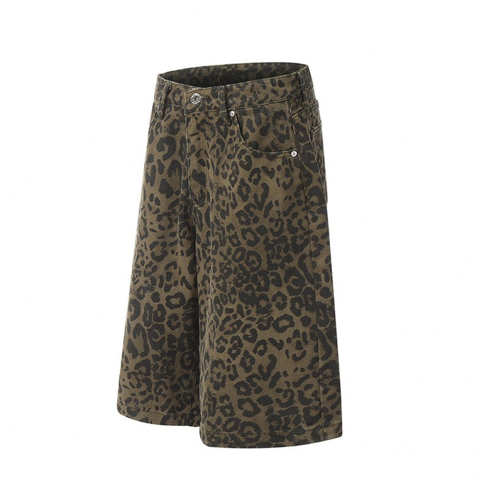 American retro straight wide leg leopard print pants men and women trendy high street loose denim shorts summer cropped pants image 14