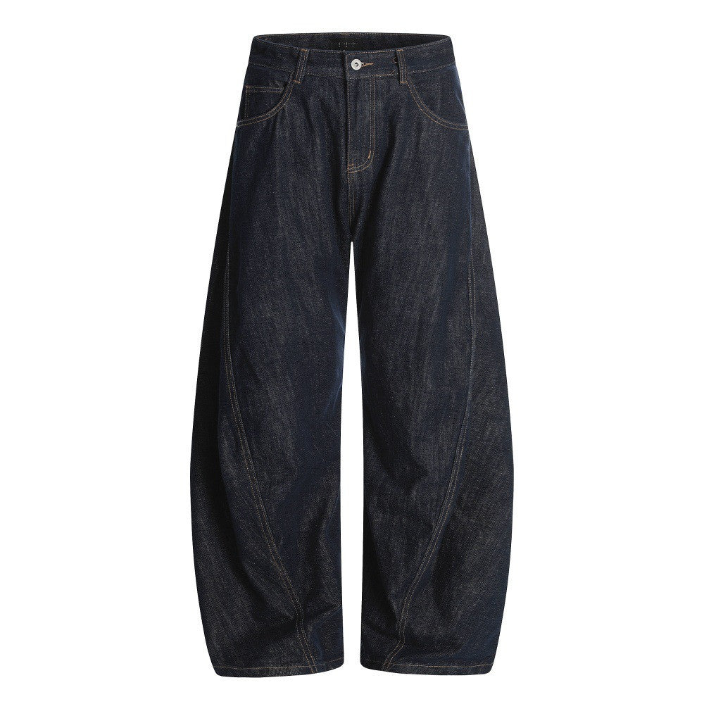 Profile scimitar wide leg jeans for men European and American high street deconstructed splicing design arc sickle loose trousers image 0
