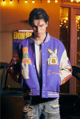 Embroidery Patchwork Leather Varsity Jacket